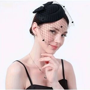 🖤 Pinup Accessory 1950s Retro Vintage Fascinator Black Pillbox Pearl Veil Hat